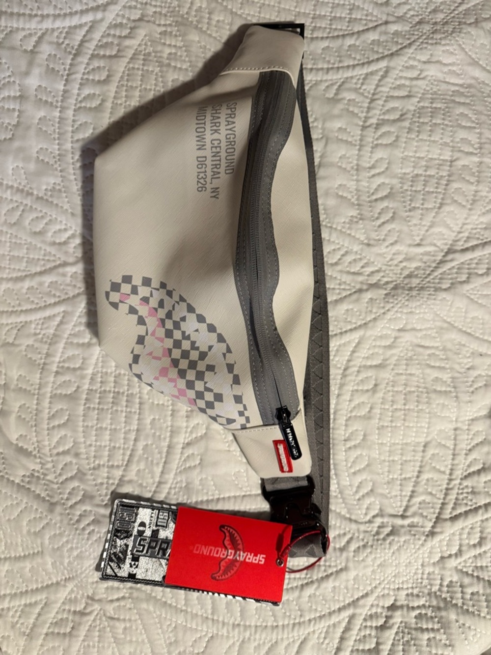 Sprayground White & Gray Waist Pack with Red Logo Patch